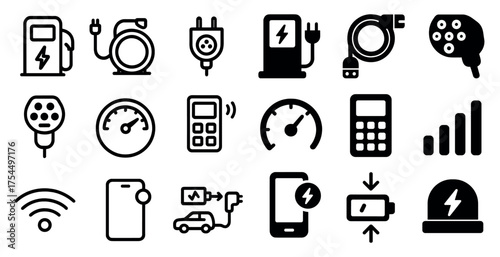 Electric vehicle charging icons set – solid, filled, energy and transport symbols