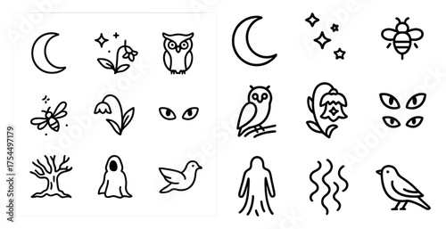 Nature and wildlife line icons set – outline, flat, flora and fauna symbols
