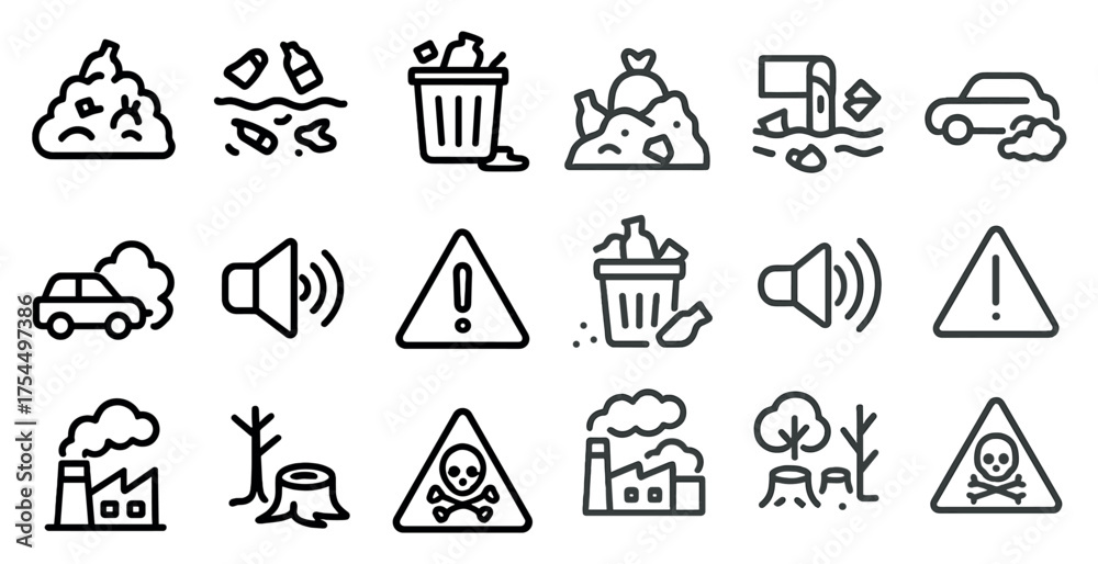 Naklejka premium Pollution and environment outline icons set – silhouette, waste, eco-friendly symbols