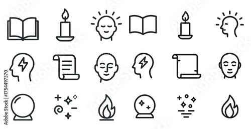 Spiritual and meditation line icons set – outline, zen and mindfulness symbols