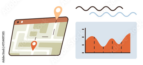 Map with location markers and line chart showcasing analytical trends with wave designs. Ideal for navigation, analysis, statistics, planning, technology, data trends, mapping. Simple flat metaphor