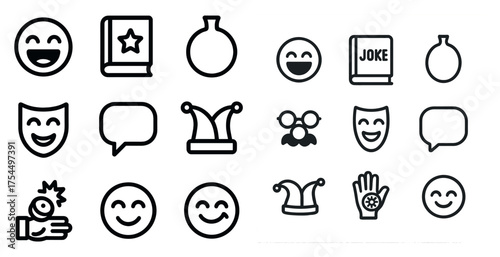 Comedy and entertainment outline icons set – line, humorous, playful symbols collection
