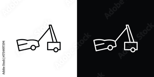 Towed car icon in black line illustration. Design logo for app, UI.