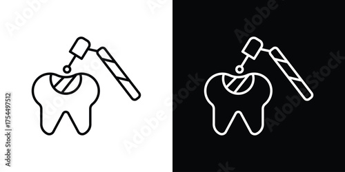 Tooth filling icon in black line illustration. Design logo for app, UI.