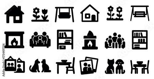 Home and family solid icons set – filled, silhouette, domestic life symbols