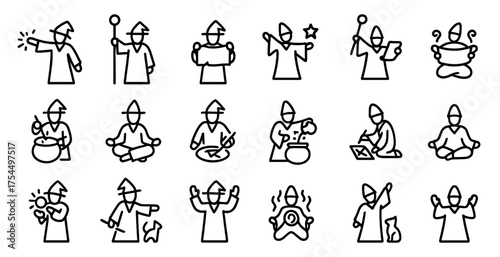 Wizard and magic outline icons set – linear, mystical, fantasy symbols for design