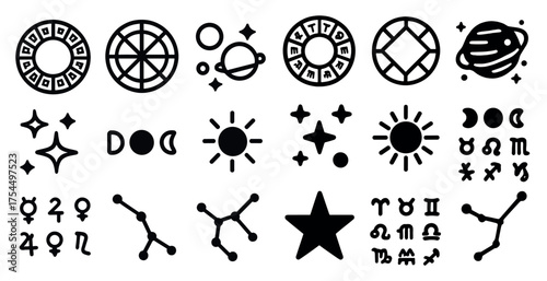Astrology and zodiac icons set – outline, linear, horoscope and celestial symbols