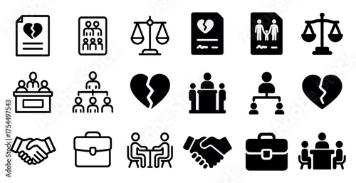 Legal and business solid icons set – filled, corporate, courtroom and contract symbols