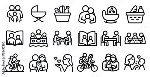 Family and parenting outline icons set – line, linear, childcare and home life symbols