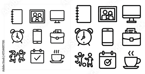 Family activity outline icons set – line, silhouette, fun and leisure symbols