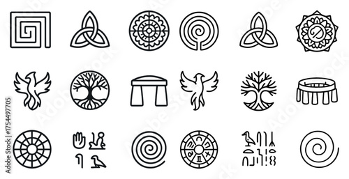 Celtic and symbolic outline icons set – line, maze and ancient heritage symbols