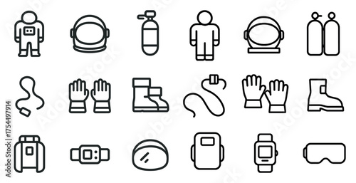 Scuba diving line icons set – outline, gear, underwater adventure symbols