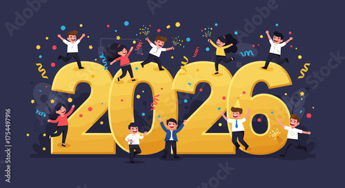 A cheerful flat design illustration featuring adorable chibi characters celebrating around the year 2026 with falling confetti. This minimalist 2D vector art embodies joy and new beginnings.