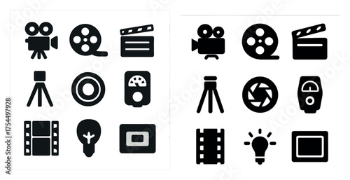 Movie and film solid icons set – filled, cinema, production and camera symbols