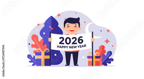 A vibrant flat design illustration of a charming chibi character presenting a 'Happy New Year 2026' banner or calendar. This clean 2D vector artwork symbolizes anticipation and new year greetings.