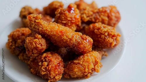 Crispy, golden-brown fried chicken pieces, glistening with a sweet and savory sauce, piled high on a white plate