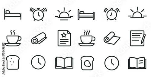 Daily routine outline icons set – linear, silhouette, lifestyle and activity symbols