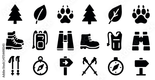 Outdoor adventure icons set – solid, filled, hiking and nature symbols collection