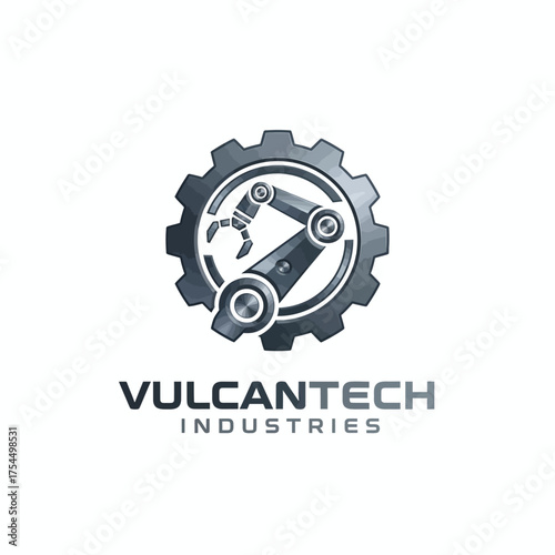 Robotic arm fused with gear in gray-blue tones, symbol of industrial innovation.
