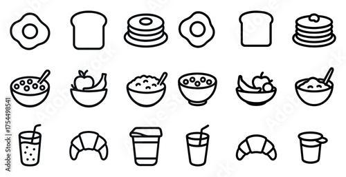 Breakfast and brunch outline icons set – food, morning meal symbols