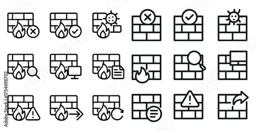 Firewall security outline icons set – flat, solid, cyber protection symbols
