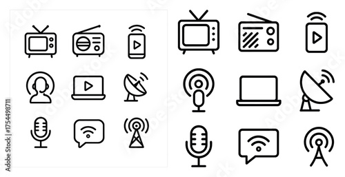 Broadcast and media linear icons set – outline, communication, audio and video symbols