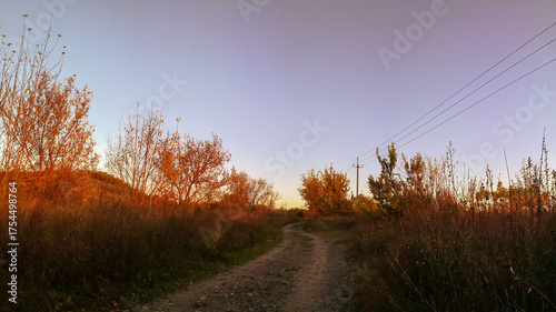 Old country lane in a serene fall landscape evoking a peaceful memory of simpler times