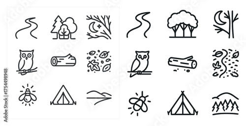 Nature and camping outline icons set – line, silhouette, outdoor and wilderness symbols