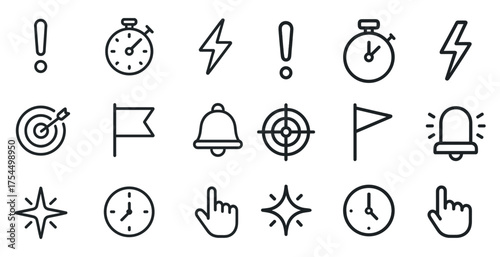 Alert and notification outline icons set – line, linear, warning symbols and alerts