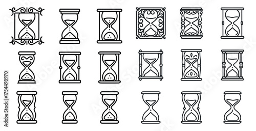 Vintage hourglass outline icons set – line, countdown, time management symbols