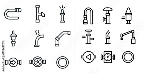 Plumbing line icons set – outline, pipe fittings, water system graphics