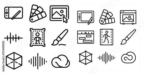 Graphic design outline icons set – linear, line, creativity and digital tools