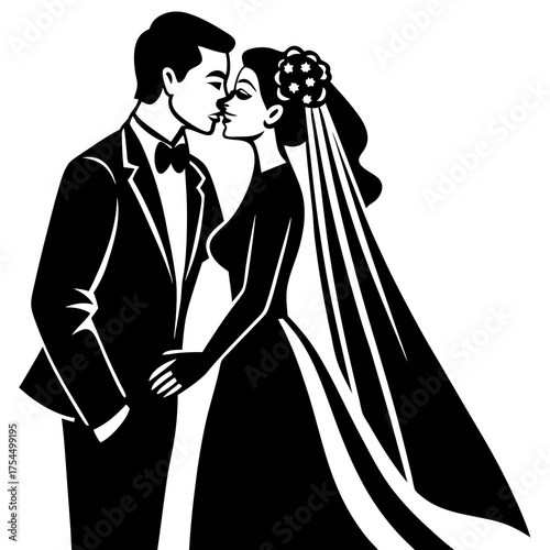 Romantic Bride and Groom Kiss Vector Illustration for Wedding Designs