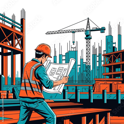 Construction worker carefully reviewing building blueprints on site.