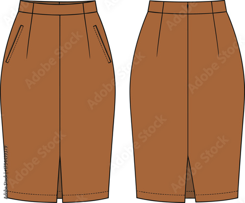 Technical flat sketch vector illustration of knee length pencil skirt with darts, slanted welt pockets, tailored fit, professional office wear