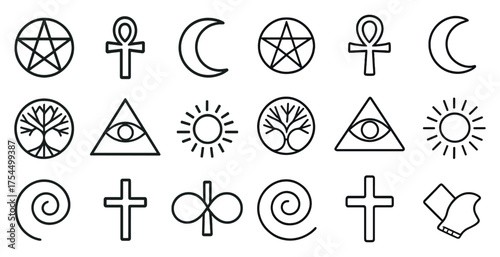 Mystical and spiritual outline icons set – symbols, linear, religious and occult art