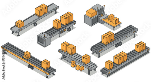 Isometric conveyor belt system with boxes and machines for logistics and automation