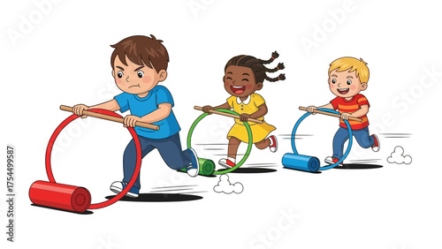 Playful Trio in Action: Three children, filled with energy and competitive spirit, engage in a lively race, pushing their toy hoops forward with determination and laughter.