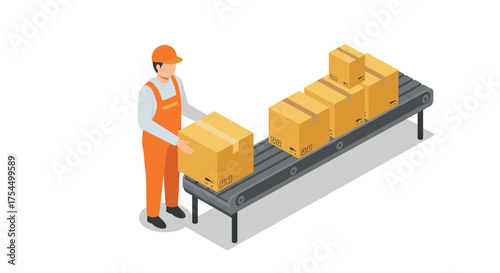 Worker organizing packages on conveyor belt in isometric style
