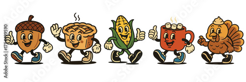 Cute autumn retro cartoon mascot characters walking together, vintage thanksgiving illustration with pie, hot chocolate and turkey