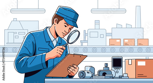 Quality control inspector examines product with magnifying glass.
