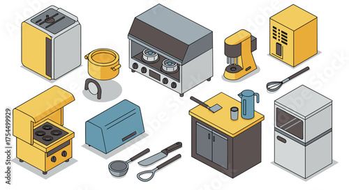 Isometric kitchen appliances set stove, refrigerator, mixer, oven, whisk