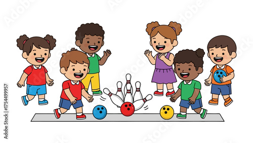 Kids Bowling Excitement: A vibrant scene capturing a group of children enjoying a game of bowling, full of laughter and the thrill of knocking down pins.