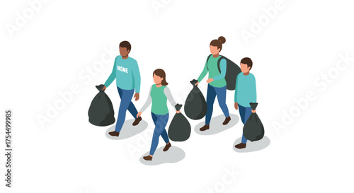 Volunteers in isometric style participating in a community cleanup event