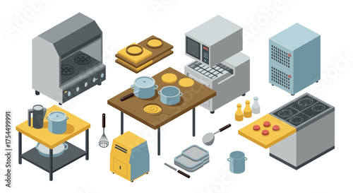 Modern isometric kitchen equipment collection for design projects