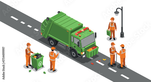 Isometric garbage truck and workers cleaning the street