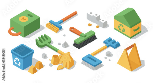 Isometric cleaning icons broom, mop, recycling bin, soap, waste removal tools
