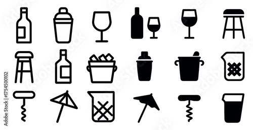 Bar and beverage icons set – solid, filled, drink and cocktail symbols