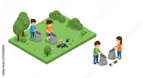 Isometric park cleanup scene with kids collecting trash in nature