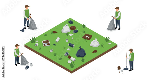 Isometric urban cleanup scene with workers collecting litter in a green park